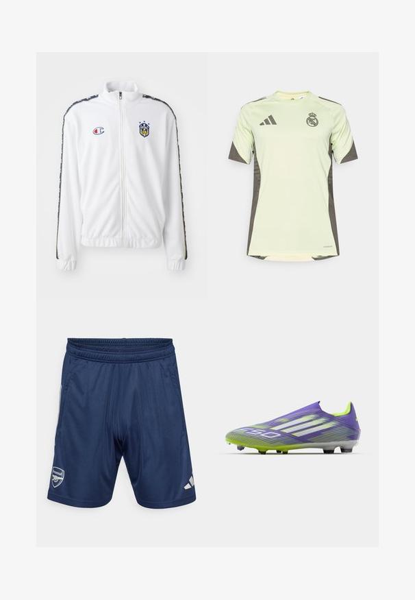 White zip-up jacket with stand collar, featuring blue and red embroidered logo, and patterned black side stripes on sleeves. Smooth texture.; Light green short-sleeve jersey with dark gray accents, featuring team logo on the chest, made from breathable material with moisture-wicking technology.; Navy sports shorts with an elastic waistband, two side pockets, and the Arsenal logo. Made of smooth, lightweight fabric. Silver accents.; Soccer cleat in purple and green, featuring a streamlined design, textured upper with stripe patterns, and a translucent sole.