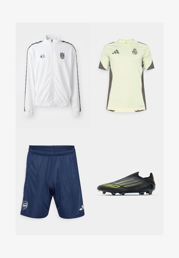 Bijela jakna na zatvaranje s visokim ovratnikom, koja sadrži plavi i crveni izvezeni znak, te uzorkovane crne bočne pruge na rukavima. Glatka tekstura.; Svijetlozeleni kratki rukav dres s tamnosivim detaljima, na prsima s timskim logom, izrađen od prozračnog materijala s tehnologijom odvlačenja vlage.; Mornarske sportske kratke hlače s elastičnom trakicom u struku, dvije bočne džepove i Arsenalovim logotipom. Izrađene su od glatkog, laganog materijala. Srebrni detalji.; adidas Performance F50 ELITE LACELESS FIRM GROUND FOOTBALL BOOTS - Nogometne kopačke za čvrstu podlogu - core black/iron metallic/lucid lemon