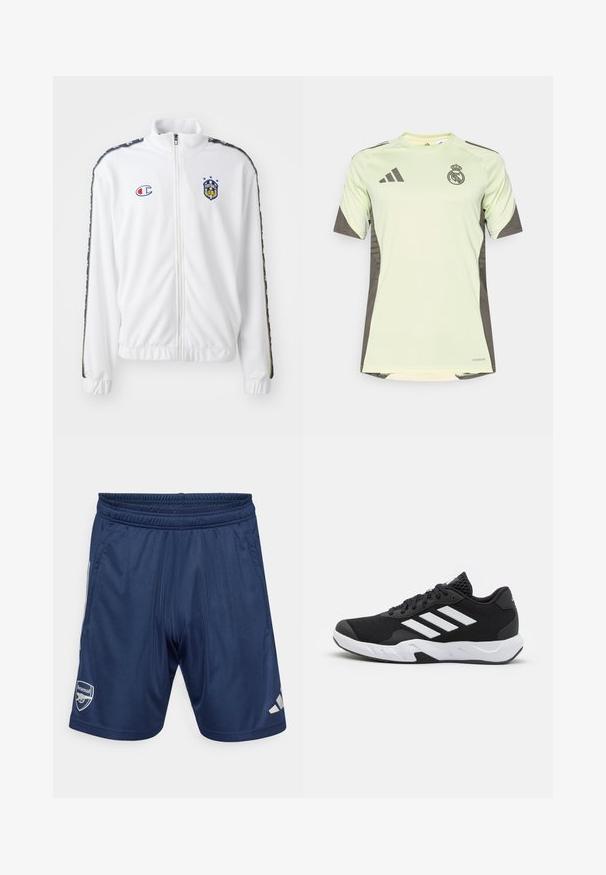 Biely zipsový kabát s stojatým golierom, s modrým a červeným vyšívaným logom a vzorovanými čiernymi bočnými pruhmi na rukávoch. Hladká textúra.; Svetlozelený krátky rukáv dres s tmavosivými akcentmi, s logom tímu na hrudi, vyrobený z priedušného materiálu s technológiou odvádzania vlhkosti.; Námorné športové šortky s elastickým pásom, dvojitými bočnými vreckami a logom Arsenalu. Vyrobené z hladkého, ľahkého materiálu. Strieborné akcenty.; Čierne športové topánky s textúrovaným sieťovinovým zvrškom, bielymi akcentovými pruhmi, polstrovanou podrážkou a spevneným pätou pre podporu.