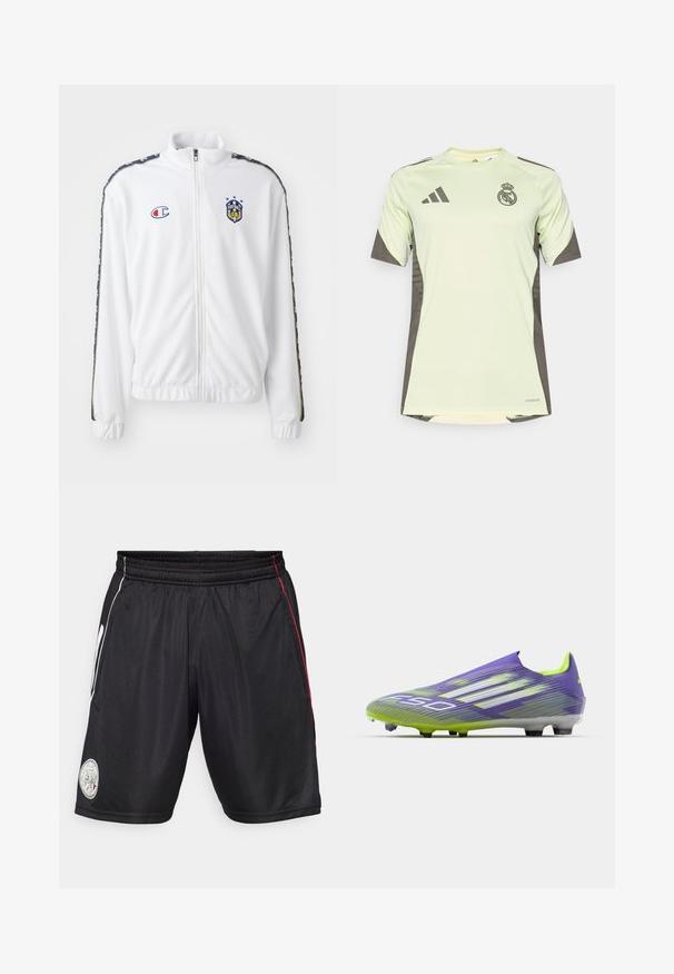 Jaqueta branca com fecho éclair e gola alta, apresentando um logótipo bordado em azul e vermelho, e riscas laterais pretas estampadas nas mangas. Textura suave.; Jersey verde claro de mangas curtas com detalhes em cinza escuro, apresentando o logótipo da equipa no peito, feito de material respirável com tecnologia de absorção de humidade.; Calções atléticos pretos com cintura elástica, listras laterais brancas e vermelhas, e um patch redondo com logo na perna esquerda. Tecido suave e leve.; Chuteira de futebol em roxo e verde, apresentando um design aerodinâmico, parte superior texturizada com padrões em faixa e uma sola translúcida.