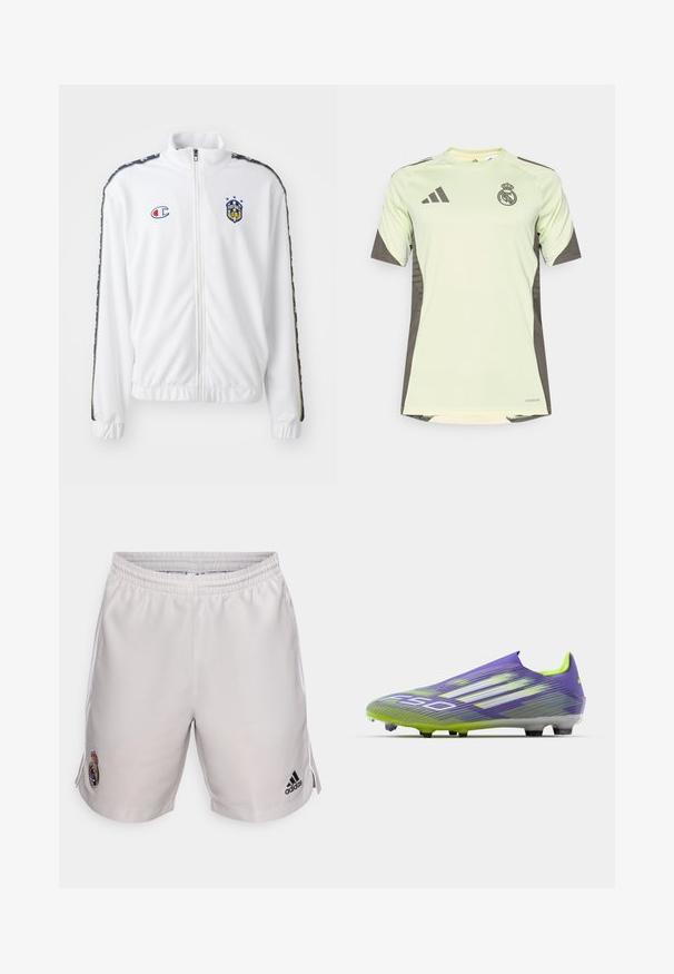 Giacca bianca con zip e colletto alto, caratterizzata da un logo ricamato blu e rosso e strisce laterali nere a motivi sulle maniche. Texture liscia.; Jersey verde chiaro a maniche corte con accenti grigio scuro, con logo della squadra sul petto, realizzato in materiale traspirante con tecnologia di assorbimento dell'umidità.; Pantaloni sportivi grigi chiari realizzati in tessuto sintetico, con fascia elastica in vita, strisce laterali e logo della squadra ricamato con accento del marchio.; Scarpa da calcio in viola e verde, caratterizzata da un design aerodinamico, tomaia strutturata con motivi a strisce e suola traslucida.