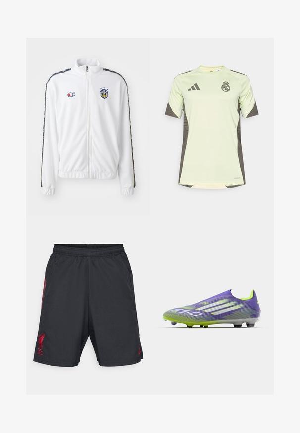 Valkoinen vetoketjullinen takki, jossa on pystykaulus, sininen ja punainen brodeerattu logo sekä kuvioidut mustat sivuraidat hihoissa. Sileä pinta.; Vaaleanvihreä lyhythihainen paita tummanharmailla yksityiskohdilla, jossa on joukkueen logo rinnassa, valmistettu hengittävästä materiaalista, jossa on kosteutta siirtävä teknologia.; Mustat urheilushortsit, joissa on joustava vyötärö, punaisella Liverpool FC -logolla ja sivuviivoilla. Kevyt, sileä kangas, suora leikkaus.; Jalkapallokengät purppuran ja vihreän sävyissä, joissa on virtaviivainen muotoilu, teksturoitu pinta nauhakuvioilla ja läpinäkyvä pohja.
