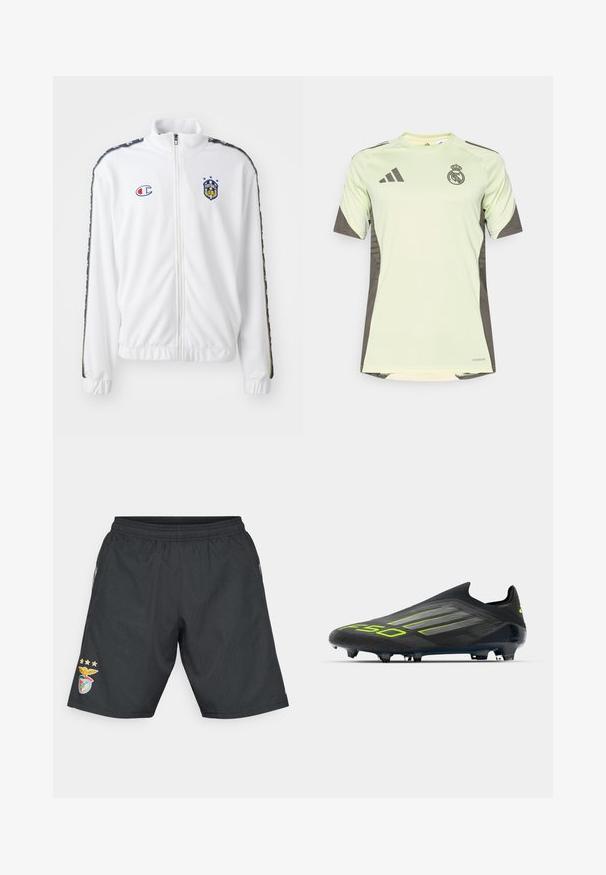 Hvit zip-up jakke med stående krage, med blå og rød brodert logo, og mønstrede svarte sidestreker på ermene. Glatt tekstur.; Lys grøn kortermet jersey med mørkegrå detaljer, prydet med lagets logo på brystet, laget av pustende materiale med fukttransporterende teknologi.; Svarte idrettsshorts med elastisk livlinje, med Benfica-logo med gullakenter og tre stjerner over den på venstre bein.; adidas Performance F50 ELITE LACELESS FIRM GROUND FOOTBALL BOOTS - Fotballsko til fast underlag - core black/iron metallic/lucid lemon