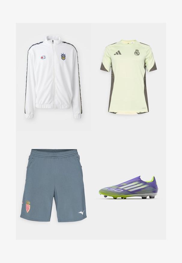 Giacca bianca con zip e colletto alto, caratterizzata da un logo ricamato blu e rosso e strisce laterali nere a motivi sulle maniche. Texture liscia.; Jersey verde chiaro a maniche corte con accenti grigio scuro, con logo della squadra sul petto, realizzato in materiale traspirante con tecnologia di assorbimento dell'umidità.; Pantaloni sportivi grigi realizzati in tessuto leggero. Presentano un elastico in vita, tasche laterali e un logo della squadra rosso e oro sulla gamba sinistra.; Scarpa da calcio in viola e verde, caratterizzata da un design aerodinamico, tomaia strutturata con motivi a strisce e suola traslucida.