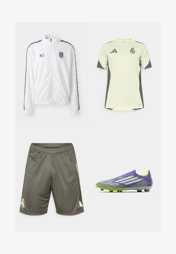 Witte zip-up jas met opstaande kraag, voorzien van een blauw en rood geborduurd logo, en gestreepte zwarte patronen op de mouwen. Glad textuur.; Lichtgroen t-shirt met korte mouwen en donkergrijze accenten, voorzien van het teamlogo op de borst, gemaakt van ademend materiaal met vochtafvoerende technologie.; Donkergroene sportshorts van lichtgewicht stof, met een elastische tailleband, zijsplitten en een lichtgroen logo aan de linkeronderkant.; Voetbalschoen in paars en groen, met een gestroomlijnd ontwerp, een gestructureerde bovenkant met streepjespatronen en een doorzichtige zool.