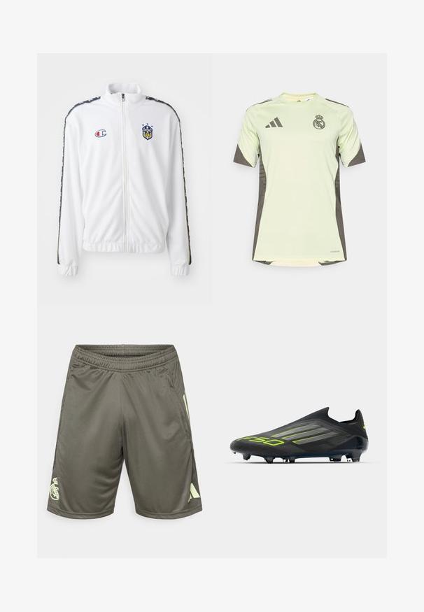 White zip-up jacket with stand collar, featuring blue and red embroidered logo, and patterned black side stripes on sleeves. Smooth texture.; Light green short-sleeve jersey with dark gray accents, featuring team logo on the chest, made from breathable material with moisture-wicking technology.; Dark green sports shorts made of lightweight fabric, featuring an elastic waistband, side slits, and a light green logo on the lower left.; adidas Performance F50 ELITE LACELESS FIRM GROUND FOOTBALL BOOTS - Firm-ground football boots - core black/iron metallic/lucid lemon