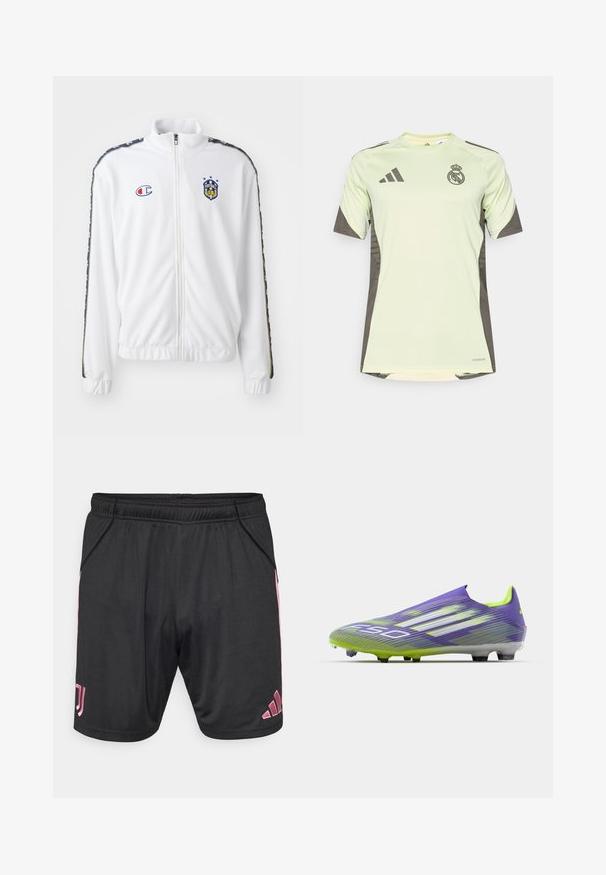 Fehér, állógalléros, cipzáros dzseki, kék és piros hímzett logóval, valamint mintás fekete oldalsávokkal a ujjakon. Simaság jellemzi.; Világos zöld, rövidujjú póló sötétszürke részletekkel, csapatlogóval a mellrészen. Lélegző anyagból készült, nedvességelvezető technológiával.; Fekete sportnadrág rózsaszín részletekkel, elasztikus derékrésszel, oldalsó zsebekkel és Adidas logóval. Könnyű, sima anyagból készült.; Lila és zöld focicipő, letisztult dizájnnal, texturált felsőrésszel, csíkozott mintákkal és áttetsző talppal.