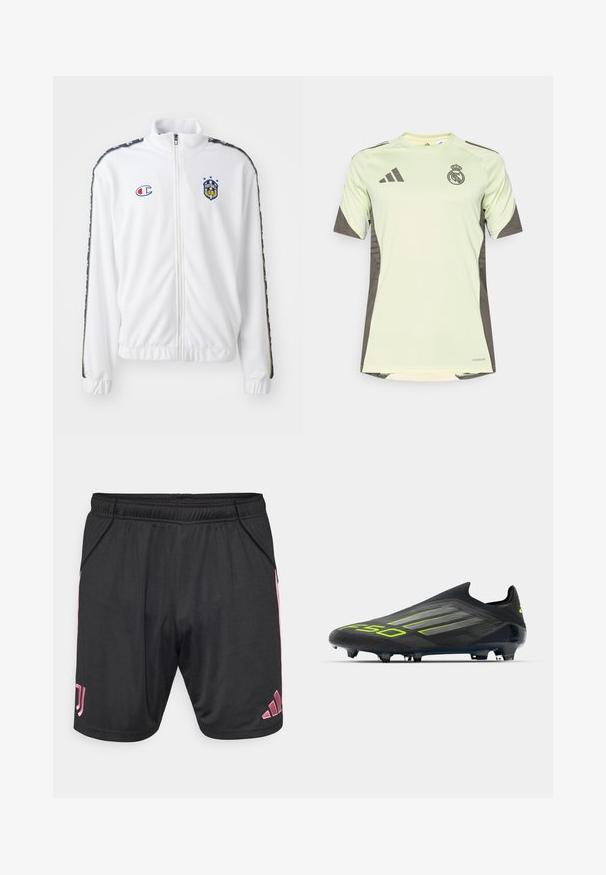 Bílá zipová bunda s stojáčkem, která má modrou a červenou vyšívanou nášivku a vzorované černé boční pruhy na rukávech. Hladká textura.; Světle zelené tričko s krátkým rukávem a tmavě šedými akcenty, s týmovým logem na hrudi, vyrobené z prodyšného materiálu s technologií odvodu vlhkosti.; Černé sportovní šortky s růžovými detaily, elastickým pasem, bočními kapsami a logem Adidas. Vyrobené z lehké, hladké tkaniny.; adidas Performance F50 ELITE LACELESS FIRM GROUND FOOTBALL BOOTS - Kopačky pro pevný povrch - core black/iron metallic/lucid lemon