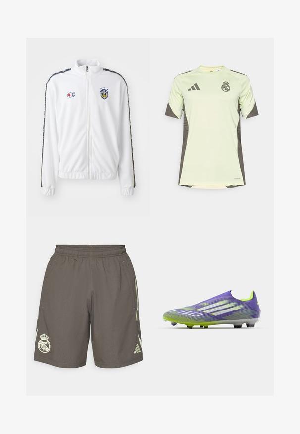 White zip-up jacket with stand collar, featuring blue and red embroidered logo, and patterned black side stripes on sleeves. Smooth texture.; Light green short-sleeve jersey with dark gray accents, featuring team logo on the chest, made from breathable material with moisture-wicking technology.; Gray athletic shorts with an elastic waistband, light green side stripes, and a white Real Madrid logo on the left hem.; Soccer cleat in purple and green, featuring a streamlined design, textured upper with stripe patterns, and a translucent sole.