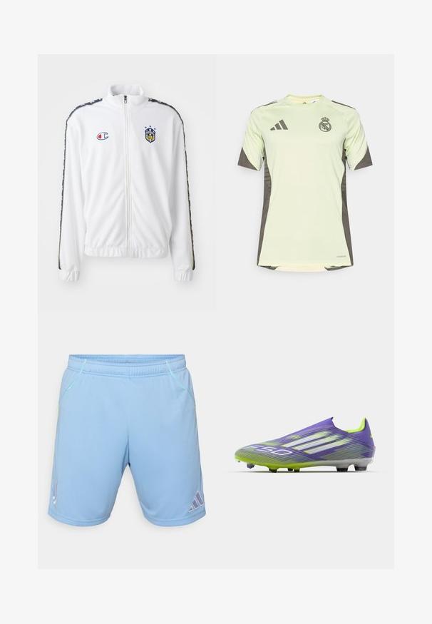 Bijela jakna na zatvaranje s visokim ovratnikom, koja sadrži plavi i crveni izvezeni znak, te uzorkovane crne bočne pruge na rukavima. Glatka tekstura.; Svijetlozeleni kratki rukav dres s tamnosivim detaljima, na prsima s timskim logom, izrađen od prozračnog materijala s tehnologijom odvlačenja vlage.; Svijetloplave atletske shortsice napravljene od glatkog materijala, s kontrastnim žutim šavovima i Adidas logotipom na donjoj strani.; Nogometna kopačka u ljubičastoj i zelenoj boji, s aerodinamičnim dizajnom, teksturiranim gornjim dijelom sa uzorkom pruga i prozirnom potplatom.