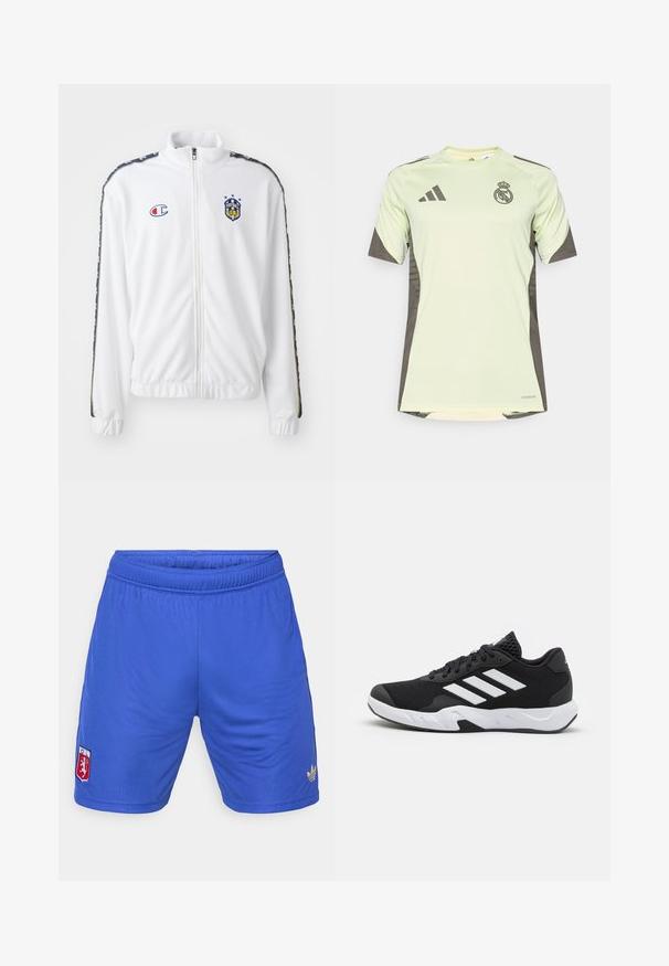 Biała kurtka zapinana na zamek z stójką, z niebieskim i czerwonym haftowanym logo oraz wzorzystymi czarnymi paskami po bokach rękawów. Gładka tekstura.; Jasnozielona koszulka z krótkim rękawem z ciemnoszarymi akcentami, z logo drużyny na piersi, wykonana z oddychającego materiału z technologią odprowadzania wilgoci.; Niebieskie spodenki sportowe z elastycznym pasem, z małym czerwono-białym logo na lewej udzie i złotym logo Adidas po prawej stronie.; Czarne buty sportowe z teksturowaną siateczką u góry, białymi paskami akcentującymi, amortyzującą podeszwą i wzmocnionym piętą dla wsparcia.