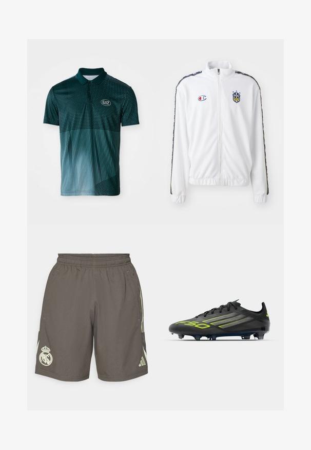 Bela zip-up jakna s stoječim ovratnikom, z modrim in rdečim vezenim logotipom ter vzorčastimi črnimi stranskimi črtami na rokavih. Gladka tekstura.; Polo majica s kratkimi rokavi v temno zeleni barvi, z pikčastimi in črtastimi vzorci, narejena iz lahkega materiala, z gumbasto zaponko in logo.; Sive atletske kratke hlače z elastičnim pasom, svetlozelenimi stranskimi črtami in belim logotipom Real Madrid na levem robu.; adidas Performance F50 PRO FIRM GROUND FOOTBALL BOOTS - Nogometne kopačke za trdo podlago - core black/iron metallic/lucid lemon
