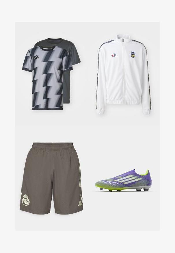 Bijela jakna na zatvaranje s visokim ovratnikom, koja sadrži plavi i crveni izvezeni znak, te uzorkovane crne bočne pruge na rukavima. Glatka tekstura.; Dva majice kratkih rukava: jedna siva s suptilnom teksturom, a druga s crno-bijelim cik-cak uzorkom, obje s okruglim izrezima.; Sive sportske kratke hlače s elastičnim pojasom, svijetlozeleni bočni pruge i bijeli logo Real Madrida na lijevom rubu.; Nogometna kopačka u ljubičastoj i zelenoj boji, s aerodinamičnim dizajnom, teksturiranim gornjim dijelom sa uzorkom pruga i prozirnom potplatom.