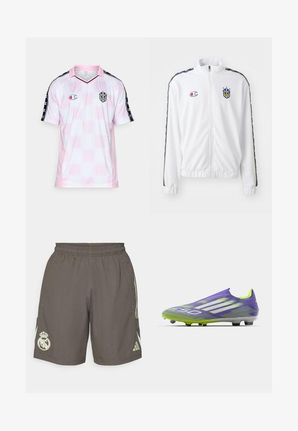 Baltas užtrauktuku užsegamas džemperis su stovinčia apykakle, su mėlynu ir raudonu siuvinėjimu, taip pat su raštuotomis juodomis šoninėmis juostelėmis ant rankovių. Lygus paviršius.; Šviesiai rožinė ir balta futbolo marškinėliai su V formos kaklu, juodomis petnešomis ir logotipu krūtinėje. Pagaminti iš kvėpuojančios medžiagos.; Pilkos sportinės šortai su elastinga juosta, šviesiai žali šoninės juostos ir baltas „Real Madrid“ logotipas kairėje apatinėje dalyje.; Futbolo batai violetinės ir žalios spalvos, su aerodinaminiu dizainu, tekstūruotu paviršiumi su juostelėmis ir permatomu padu.