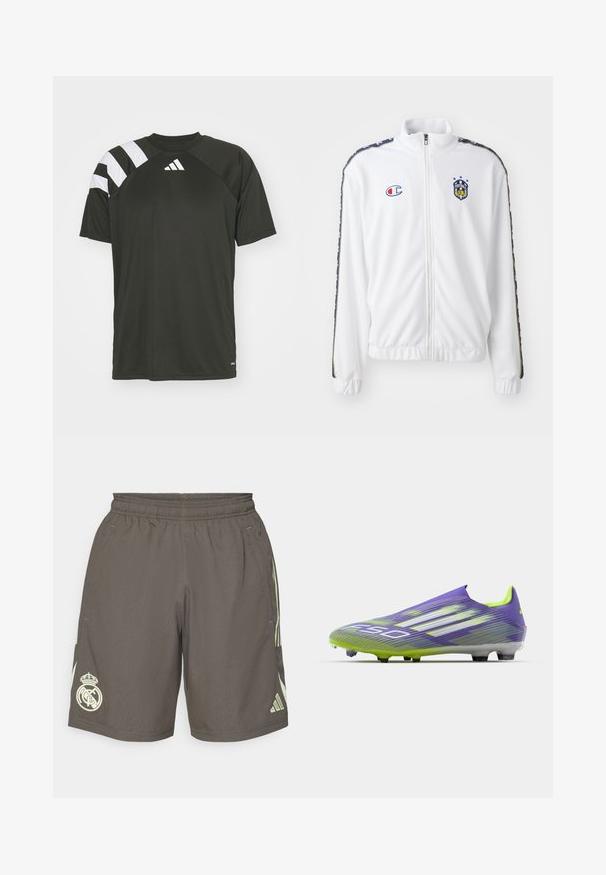 Baltas užtrauktuku užsegamas džemperis su stovinčia apykakle, su mėlynu ir raudonu siuvinėjimu, taip pat su raštuotomis juodomis šoninėmis juostelėmis ant rankovių. Lygus paviršius.; Juoda sportinė marškinėliai su baltais dryželiais ant pečių. Turi apvalią kaklo iškirptę ir mažą logotipą ant krūtinės. Pagaminta iš lengvos medžiagos.; Pilkos sportinės šortai su elastinga juosta, šviesiai žali šoninės juostos ir baltas „Real Madrid“ logotipas kairėje apatinėje dalyje.; Futbolo batai violetinės ir žalios spalvos, su aerodinaminiu dizainu, tekstūruotu paviršiumi su juostelėmis ir permatomu padu.