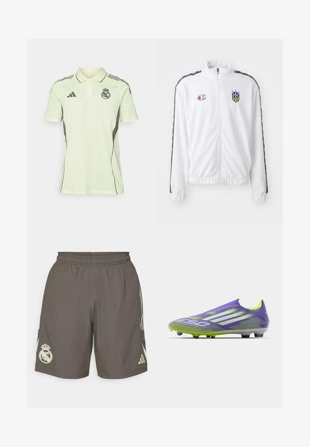 Giacca bianca con zip e colletto alto, caratterizzata da un logo ricamato blu e rosso e strisce laterali nere a motivi sulle maniche. Texture liscia.; Polo shirt verde chiaro con maniche corte, dettagli neri e logo sul petto. Presenta un colletto e una chiusura a tre bottoni.; Pantaloni corti sportivi grigi con una cintura elastica, strisce laterali verde chiaro e un logo bianco del Real Madrid sull'orlo sinistro.; Scarpa da calcio in viola e verde, caratterizzata da un design aerodinamico, tomaia strutturata con motivi a strisce e suola traslucida.