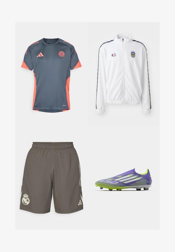 Giacca bianca con zip e colletto alto, caratterizzata da un logo ricamato blu e rosso e strisce laterali nere a motivi sulle maniche. Texture liscia.; Maglia atletica grigia con accenti arancioni, caratterizzata da maniche corte, collo rotondo e logo dell'FC Bayern München sulla parte anteriore. Realizzata in materiale traspirante.; Pantaloni corti sportivi grigi con una cintura elastica, strisce laterali verde chiaro e un logo bianco del Real Madrid sull'orlo sinistro.; Scarpa da calcio in viola e verde, caratterizzata da un design aerodinamico, tomaia strutturata con motivi a strisce e suola traslucida.
