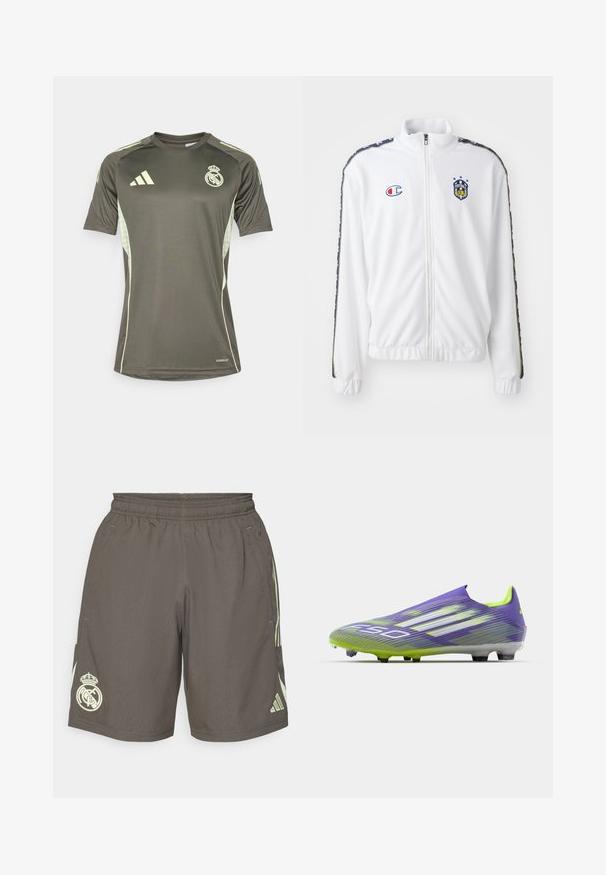 Jaqueta branca com fecho éclair e gola alta, apresentando um logótipo bordado em azul e vermelho, e riscas laterais pretas estampadas nas mangas. Textura suave.; Camisola atlética verde escura com detalhes em verde claro, mangas curtas, decote redondo e logo do Real Madrid no peito. Feita de material que absorve a humidade.; Calções atléticos cinzentos com um cós elástico, riscas laterais verde claro e um logotipo branco do Real Madrid na bainha esquerda.; Chuteira de futebol em roxo e verde, apresentando um design aerodinâmico, parte superior texturizada com padrões em faixa e uma sola translúcida.