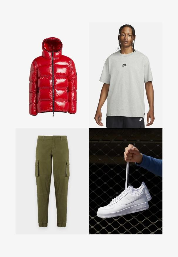Rode pufferjack met een glanzende textuur, voorzien van een hoge kraag, een volledige rits en twee zijzakken. Inclusief capuchon met een nauwsluitende pasvorm.; Jong persoon met gevlochten haar, gekleed in een lichtgrijs Nike T-shirt en zwarte Nike shorts tegen een effen witte achtergrond.; Olijfgroene cargobroek met elastische boorden, voorzien van twee zijvakjes, een sluiting met een knoop aan de voorkant en een gladde, lichte stof.; Witte leren sneakers met perforaties, ronde neus, vlakke zool en dikke veters, met een zichtbare swoosh-logo en "AIR" op de hiel.