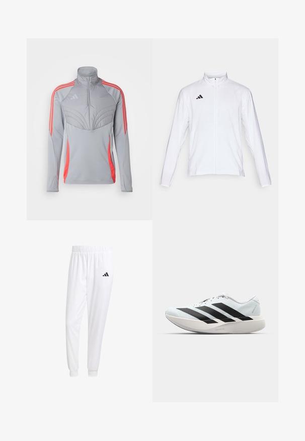 White athletic jacket with long sleeves, high collar, and full-length zipper. Features black three-stripe logo on the upper left side.; Gray athletic jacket featuring a high collar, textured chest panel, and orange stripes along the shoulders and sides. Lightweight material.; White athletic pants made of smooth fabric, featuring an elastic waistband and fitted cuffs, with a black logo on the back pocket.; Lightweight running shoes in pale blue with black stripes. Features a smooth upper, round toe, and thick white midsole labeled "LIGHTSTRIKE PRO."