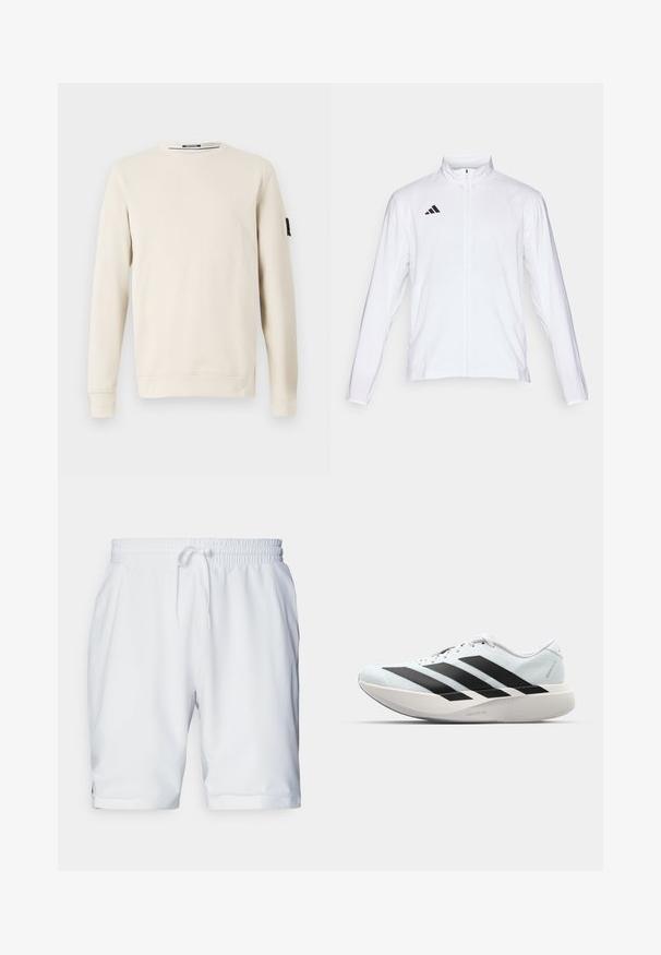 Giacca atletica bianca con maniche lunghe, colletto alto e zip lungo. Presenta il logo nero a tre strisce sul lato sinistro superiore.; Felpa crewneck beige realizzata in morbido tessuto, con maniche lunghe e un piccolo logo nero accentato sulla manica sinistra.; Shorts atletici bianchi con vita elastica e coulisse regolabile. Tessuto morbido con una texture sottile, dotati di tasche laterali.; Scarpe da corsa leggere di colore azzurro pallido con strisce nere. Presentano una tomaia liscia, punta rotonda e un'ampia intersuola bianca etichettata "LIGHTSTRIKE PRO."