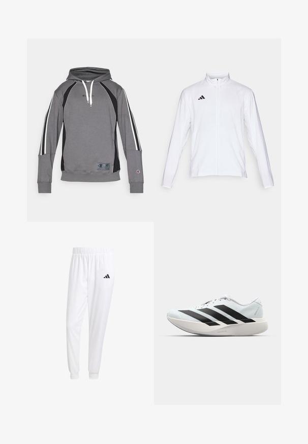 Casaco atlético branco com mangas longas, gola alta e fecho de correr completo. Apresenta o logo preto de três riscas no lado superior esquerdo.; Hoodie cinza com detalhes pretos, riscas brancas nas mangas, bolso kanguru e um emblema na bainha. Feito de um tecido suave e texturizado.; Calças esportivas brancas feitas de tecido suave, com uma cintura elástica e punhos ajustados, apresentando um logo preto no bolso de trás.; Tênis de corrida leves em azul pálido com riscas pretas. Apresentam um cabedal liso, bico redondo e uma entressola espessa branca rotulada como "LIGHTSTRIKE PRO."