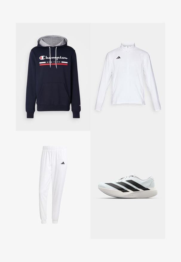 Balta sportinė striukė ilgomis rankovėmis, aukštu kaklu ir pilnu užtrauktuku. Viršutiniame kairiajame kampe yra juodas trijų juostelių logotipas.; Tamsiai mėlyna džemperis su gobtuvu, pagamintas iš medvilnės, turintis pilką vidinį gobtuvą, priekinę kišenę ir baltą/raudoną Champion logotipą bei juostas.; Balti sportiniai keliaraiščiai, pagaminti iš lygios medžiagos, su elastinga liemene ir priglundančiais rankogaliais, ant galinio kišenės yra juodas logotipas.; Lengvi bėgimo batai šviesiai mėlynos spalvos su juodomis juostelėmis. Yra lygus viršus, apvalus pirštas ir storas baltas vidpadis su užrašu "LIGHTSTRIKE PRO."