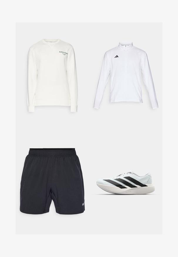 Giacca atletica bianca con maniche lunghe, colletto alto e zip lungo. Presenta il logo nero a tre strisce sul lato sinistro superiore.; Björn Borg ESSENTIAL CREW - Felpa - cloud dancer; Pantaloni corti neri con cintura elasticizzata, realizzati in tessuto liscio e leggero, con un piccolo logo sul lato destro in basso.; Scarpe da corsa leggere di colore azzurro pallido con strisce nere. Presentano una tomaia liscia, punta rotonda e un'ampia intersuola bianca etichettata "LIGHTSTRIKE PRO."