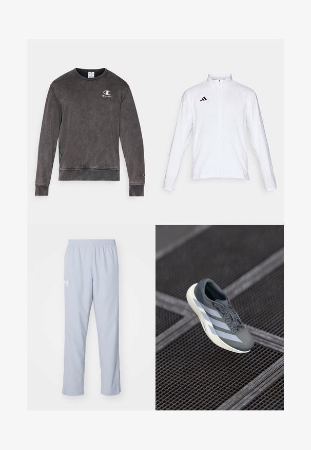Giacca atletica bianca con maniche lunghe, colletto alto e zip lungo. Presenta il logo nero a tre strisce sul lato sinistro superiore.; Felpa grigia scura realizzata in un misto cotone, caratterizzata da un colletto rotondo, polsini a costine e un piccolo logo ricamato sul petto.; Pantaloni sportivi azzurri chiari con cintura elastica, tasche laterali e zip alle caviglie. Presenta un logo bianco sulla coscia sinistra.; Scarpa sportiva grigia e bianca, realizzata in materiale sintetico, con un design aerodinamico, finitura testurizzata e sistema di allacciatura prominente.