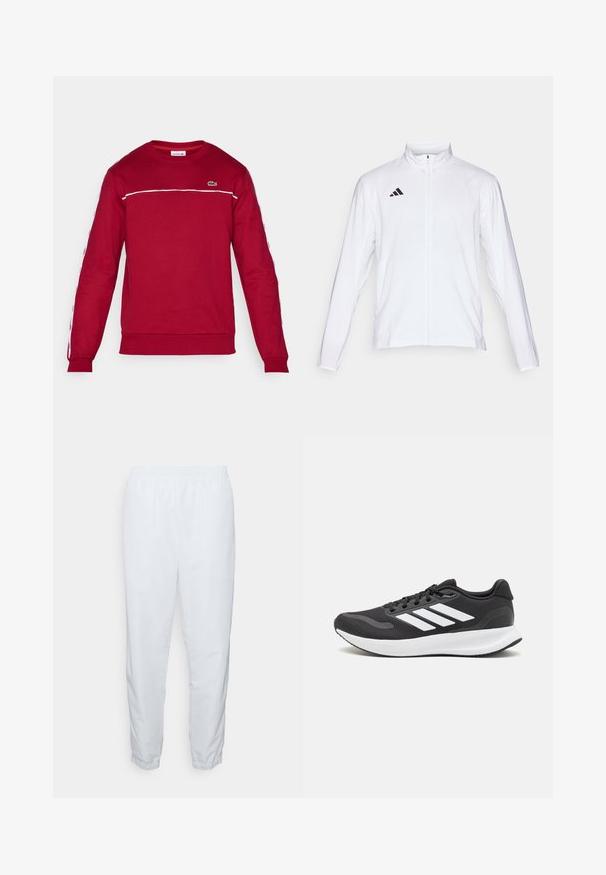 Casaco atlético branco com mangas longas, gola alta e fecho de correr completo. Apresenta o logo preto de três riscas no lado superior esquerdo.; Sweatshirt vermelho de mangas longas, feito de algodão. Apresenta uma faixa horizontal branca e um pequeno logótipo verde no peito. Punhos ajustáveis.; Calças brancas, leves, com cintura elástica, pernas afuniladas e punhos elásticos. Textura suave, sem padrões visíveis ou peças de metal.; Shoe de atletismo preto com parte superior em malha respirável, detalhes brancos e sola almofadada. Apresenta o logotipo das três riscas na lateral.