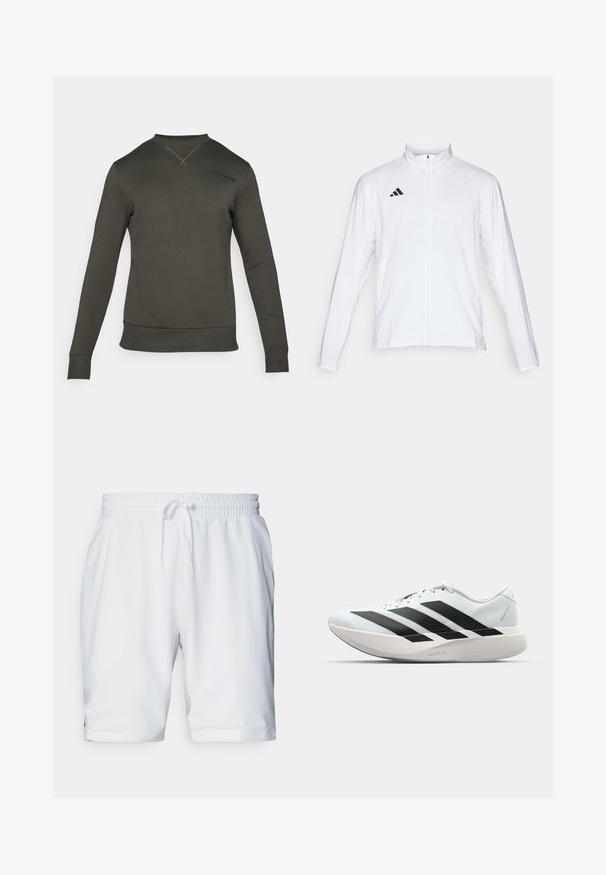 Biała sportowa kurtka z długimi rękawami, wysokim kołnierzem i pełnym zamkiem błyskawicznym. Posiada czarną logo z trzema paskami po lewej stronie u góry.; Ciemnozielona bluza z długim rękawem, z prążkowanymi mankietami i dołem. Posiada okrągły dekolt oraz subtelny detal logo w rejonie ramienia.; Białe szorty sportowe z elastycznym pasem i regulowanym sznurkiem. Gładki materiał o subtelnej fakturze, z bocznymi kieszeniami.; Lekkie buty do biegania w jasnoniebieskim kolorze z czarnymi pasami. Posiadają gładką cholewkę, okrągły nosek oraz grubą białą podeszwę środkową oznaczoną "LIGHTSTRIKE PRO."