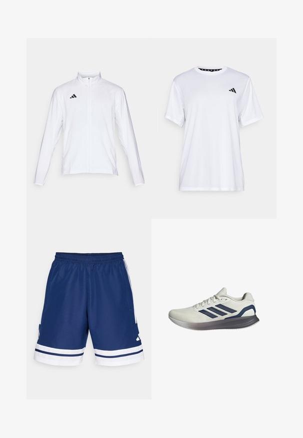 Biela atletická bunda s dlhými rukávmi, vysokým golierom a plným zipsom. Na hornej ľavej strane sa nachádza čierne logo s troma pruhmi.; Biely športový tričko s krátkymi rukávmi, vyrobené z materiálu, ktorý odvádza vlhkosť. Má čierne logo na ľavej hrudi a vzorovaný vnútorný golier.; Námornícke športové šortky s elastickým pásom, bielymi akcentmi a bočnými vreckami. Obsahujú biele pruhy na leme. Polyesterový materiál.; Svetlo šedá športová obuv s textúrovaným sieťovaným zvrškom, námorníckym trojpruhovým dizajnom a šedou gumovou podrážkou s ergonomickým tvarom.