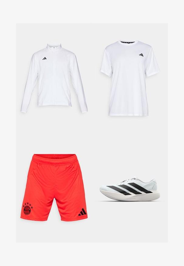 Witte sportjack met lange mouwen, hoge kraag en volledige ritssluiting. Kenmerkt zich door het zwarte drie-streepjeslogo aan de bovenkant aan de linkerkant.; Witte sport T-shirt met korte mouwen, gemaakt van vochtafvoerende stof. Heeft een zwart logo op de linkerkant van de borst en een gemusterde binnenhals.; adidas Performance FC BAYERN M�NCHEN HOME SHORT - Fanartikel - red; Lichte hardloopschoenen in lichtblauw met zwarte strepen. Beschikt over een soepele bovenkant, ronde neusstuk en dikke witte tussenzool met het label "LIGHTSTRIKE PRO."