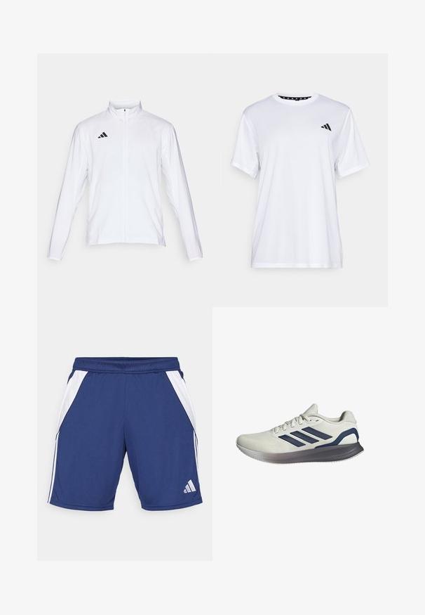 White athletic jacket with long sleeves, high collar, and full-length zipper. Features black three-stripe logo on the upper left side.; White athletic t-shirt with short sleeves, made from moisture-wicking fabric. Features a black logo on the left chest and a patterned interior neckline.; Navy athletic shorts with white side panels, elastic waistband, and logo detail on lower hem. Made from lightweight, breathable fabric.; Light gray athletic shoe with a textured mesh upper, navy three-stripe design, and a gray rubber sole with ergonomic shape.