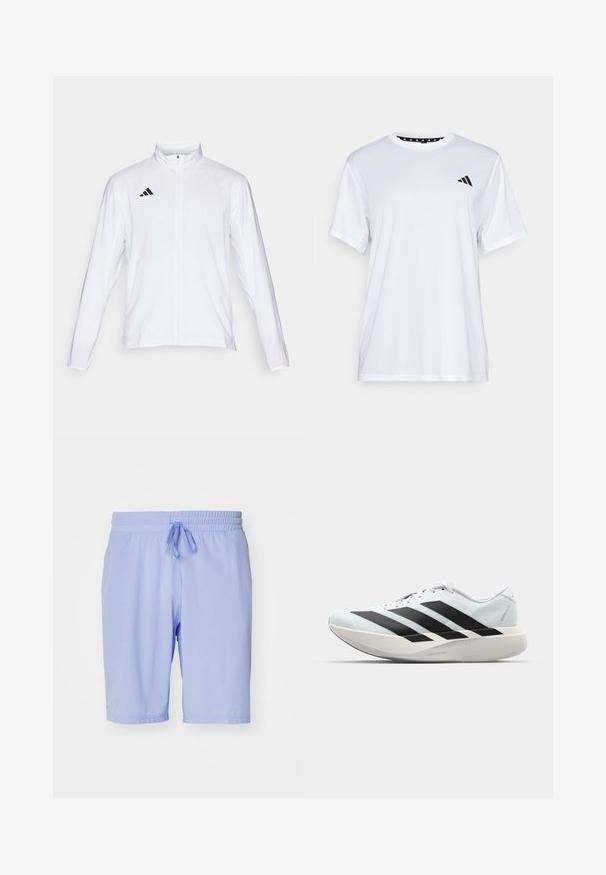 Valkoinen urheilutakki pitkillä hihoilla, korkea kaulus ja vetoketju koko pituudeltaan. Oikeassa yläreunassa musta kolmiraidallinen logo.; Valkoinen urheilupaita lyhyillä hihoilla, valmistettu kosteutta siirtävästä kankaasta. Vasemmassa rinnassa on musta logo ja kauluksen sisäpuolella on kuvio.; adidas Performance TENNIS ERGO - Urheilushortsit - blue spark; Kevyt juoksukengät vaaleansinisinä mustilla raidoilla. Ominaisuuksiin kuuluu sileä pinta, pyöreä kärki ja paksu valkoinen välipohja, joka on merkitty "LIGHTSTRIKE PRO".