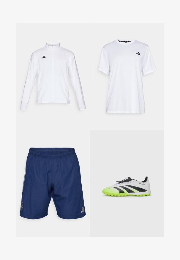 White athletic jacket with long sleeves, high collar, and full-length zipper. Features black three-stripe logo on the upper left side.; White athletic t-shirt with short sleeves, made from moisture-wicking fabric. Features a black logo on the left chest and a patterned interior neckline.; Navy blue athletic shorts made of lightweight fabric, featuring an elastic waistband, side pockets, and Adidas logo on bottom right.; White and black soccer cleat with neon green accents. Textured upper, black stripes, and molded studs on a contrasting vibrant sole.