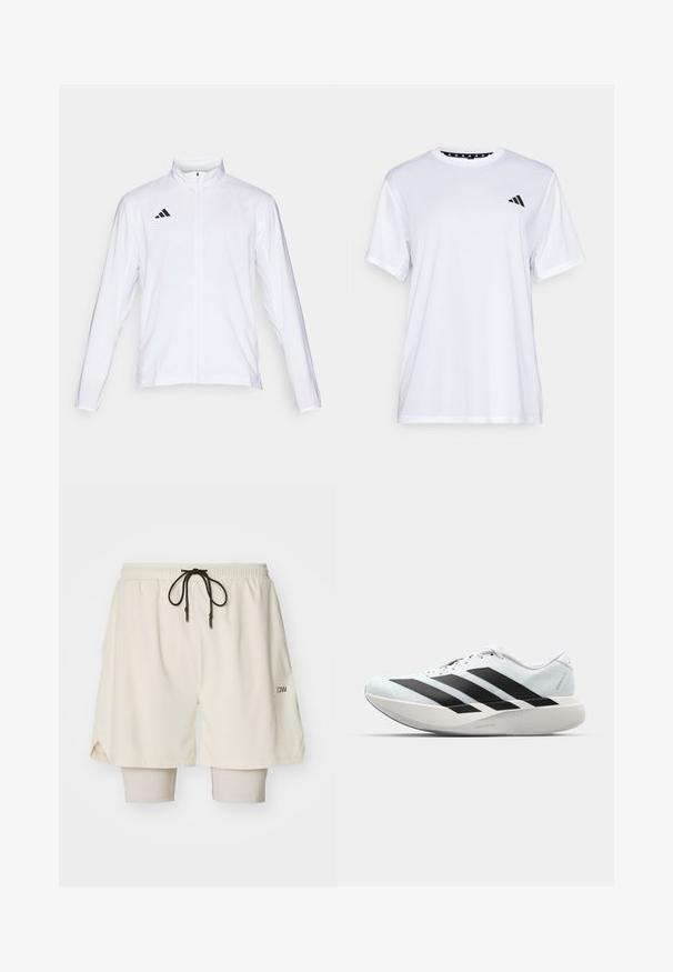 Weiße Sportjacke mit langen Ärmeln, hohem Kragen und durchgehendem Reißverschluss. Mit schwarzem Drei-Streifen-Logo auf der oberen linken Seite.; Weißes sportliches T-Shirt mit kurzen Ärmeln, aus feuchtigkeitsableitendem Material. Mit einem schwarzen Logo auf der linken Brust und einem gemusterten Innenkragen.; Cremefarbene Sportschorts mit elastischem Bund, Kordelzug und inneren beigen Leggings. Strukturierter Stoff und seitliche Schlitze für Beweglichkeit.; Leichte Laufschuhe in hellblau mit schwarzen Streifen. Sie verfügen über ein glattes Obermaterial, eine runde Zehenpartie und eine dicke weiße Zwischensohle, die mit "LIGHTSTRIKE PRO" beschriftet ist.