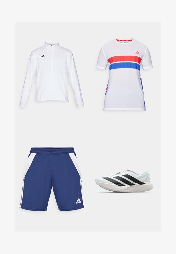 Balta sportinė striukė ilgomis rankovėmis, aukštu kaklu ir pilnu užtrauktuku. Viršutiniame kairiajame kampe yra juodas trijų juostelių logotipas.; Balta sportinė marškinėliai, puošti raudonomis ir mėlynomis horizontaliomis juostomis, pagaminti iš kvėpuojančios medžiagos, su trumpomis rankovėmis ir apvaliu kaklu.; Tamsiai mėlyni sportiniai šortai su baltais šonų panelliais, elastiniu juosmeniu ir logotipo detalėmis apatinėje siūlėje. Pagaminti iš lengvos, kvėpuojančios medžiagos.; Lengvi bėgimo batai šviesiai mėlynos spalvos su juodomis juostelėmis. Yra lygus viršus, apvalus pirštas ir storas baltas vidpadis su užrašu "LIGHTSTRIKE PRO."