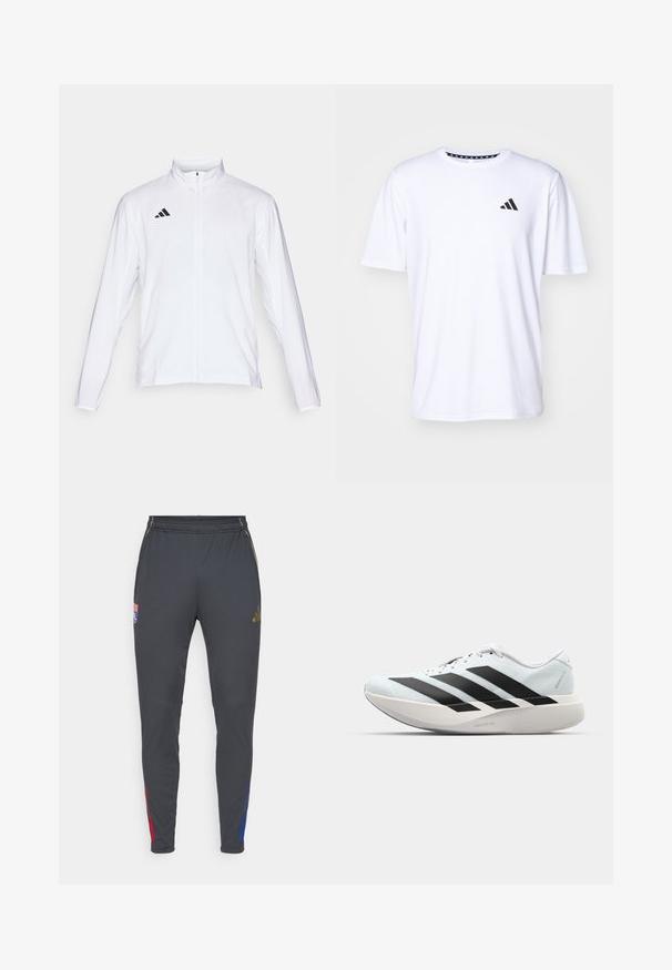 White athletic jacket with long sleeves, high collar, and full-length zipper. Features black three-stripe logo on the upper left side.; White short-sleeve t-shirt made of fabric with a smooth texture. Features a black adidas logo on the left chest and a patterned collar.; Gray athletic pants with a slim fit, featuring red and blue side accents, an elastic waistband, and embroidered logo on the front.; Lightweight running shoes in pale blue with black stripes. Features a smooth upper, round toe, and thick white midsole labeled "LIGHTSTRIKE PRO."