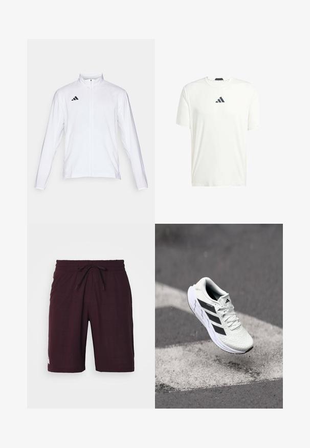 Veste de sport blanche à manches longues, col haut et fermeture éclair sur toute la longueur. Présente un logo noir à trois bandes sur le côté supérieur gauche.; T-shirt blanc à manches courtes en tissu léger avec un col rond et un logo gris foncé sur la poitrine. Texture lisse, coupe décontractée.; Shorts bordeaux en tissu texturé, avec une taille élastique et un cordon de serrage, ainsi qu'un petit logo blanc en bas de l'ourlet.; Baskets de sport blanches avec un dessus en mesh texturé, des rayures noires, un laçage et une semelle rembourrée, lévitant au-dessus d'une surface de route marquée.
