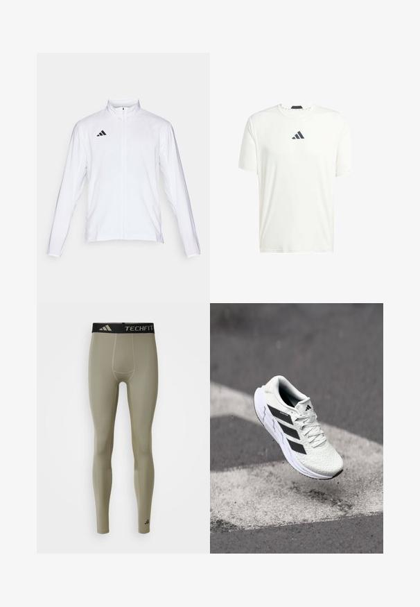 Bijela sportska jakna dugih rukava, s visokim ovratnikom i punim patentnim zatvaračem. Ima crni logo s tri pruge na gornjoj lijevoj strani.; Bijela kratka majica s kratkim rukavima izrađena od laganog materijala, s okruglim izrezom i tamnosivim logotipom na prsima. Glatka tekstura, ležeran kroj.; adidas Performance TF BASE - Tajice - silver pebble; Bjela atletska cipela s mrežastim gornjim dijelom s teksturom, crnim prugama, vezanjem na vezice i podstavljenim potplatom, lebdi iznad označene ceste.