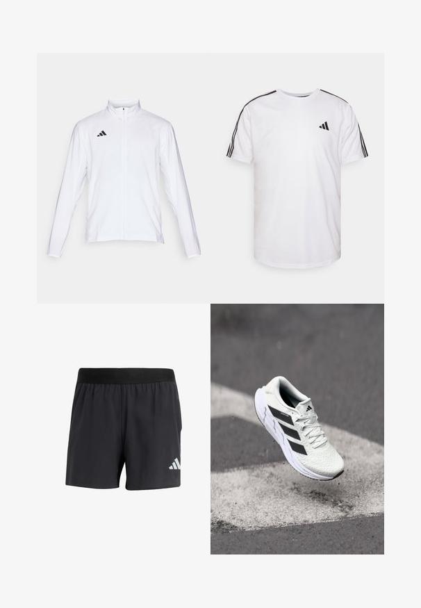 Valkoinen urheilutakki pitkillä hihoilla, korkea kaulus ja vetoketju koko pituudeltaan. Oikeassa yläreunassa musta kolmiraidallinen logo.; Valkoinen T-paita, joka on valmistettu puuvillasta ja jossa on pyöreä pääntie, lyhyet hihat ja mustat kolmonauha-akcentit hartioilla; sisältää pienen mustan logon.; Mustat urheilushortsit, joissa on elastinen vyötärö. Shortsien pinta on sileä ja vasemmassa alareunassa on heijastava valkoinen logo.; Valkoinen urheilujalkine, jossa on teksturoitu verkkomateriaali, mustat raidat, nauhakiinnitys ja pehmustettu pohja, leijuu merkittyjen tienpintojen yllä.