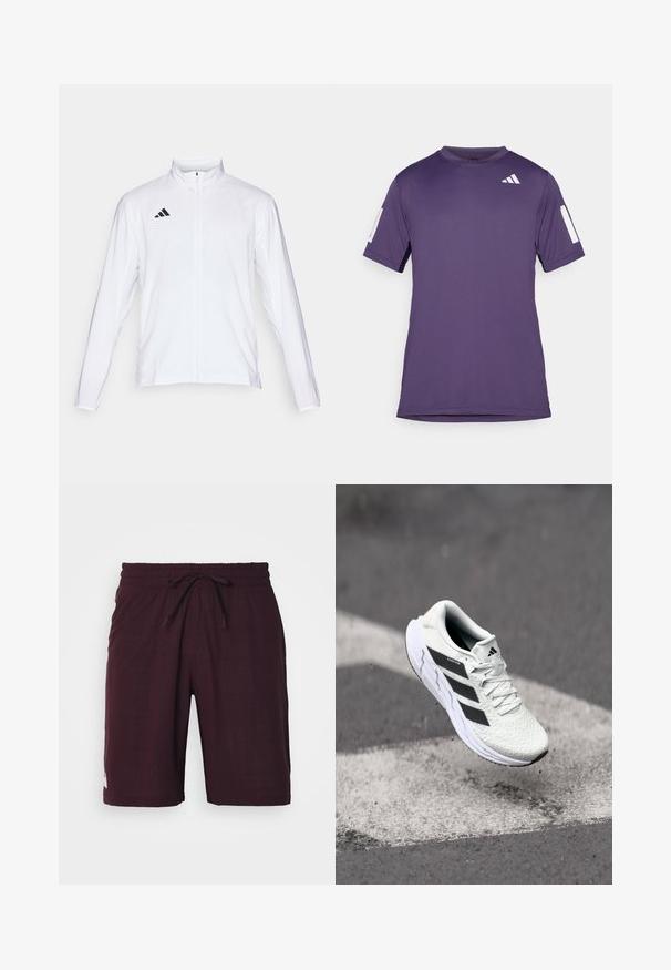 Hvit sportsjakke med lange ermer, høy krage og hel glidelås. Har svart tre-stripes logo på øvre venstre side.; Lilla treningst-skjorte med korte ermer laget av glatt stoff, med hvite detaljer på ermene og brystet, rund hals og avslappet passform.; Maroone shorts laget av teksturert stoff, med elastisk midje og snor, samt en liten hvit logo på nederste kant.; Hvit sportsko med teksturert mesh-overdel, svarte striper, snøring og en polstret såle, svevende over en markert veidoverflate.