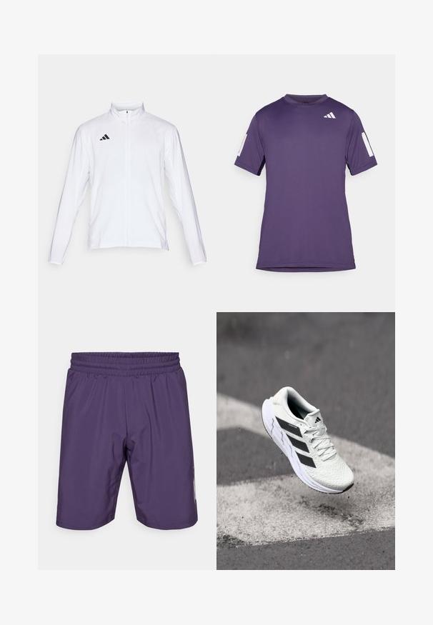 White athletic jacket with long sleeves, high collar, and full-length zipper. Features black three-stripe logo on the upper left side.; Purple athletic short-sleeve shirt made of smooth fabric, featuring white accents on sleeves and chest, round neckline, and relaxed fit.; Purple athletic shorts with an elastic waistband, smooth texture, and side accents. Features a mid-thigh length and simple design.; White athletic shoe with textured mesh upper, black stripes, lace closure, and a cushioned sole, levitating above a marked road surface.