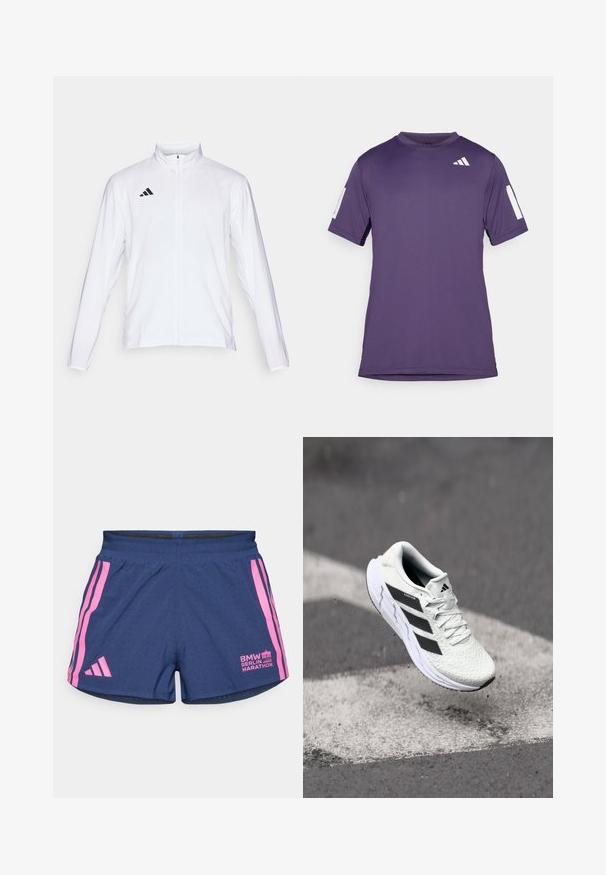 Chaqueta atlética blanca con mangas largas, cuello alto y cremallera completa. Presenta el logotipo de tres franjas en negro en la parte superior izquierda.; Camiseta deportiva de manga corta de color púrpura, hecha de una tela suave, con acentos blancos en las mangas y el pecho, cuello redondo y corte relajado.; adidas Performance BER25 SPLIT SHORT - Pantalón corto de deporte - collegiate navy; Zapatilla deportiva blanca con parte superior de malla texturizada, rayas negras, cierre de cordones y suela acolchada, levitando sobre una superficie de carretera marcada.