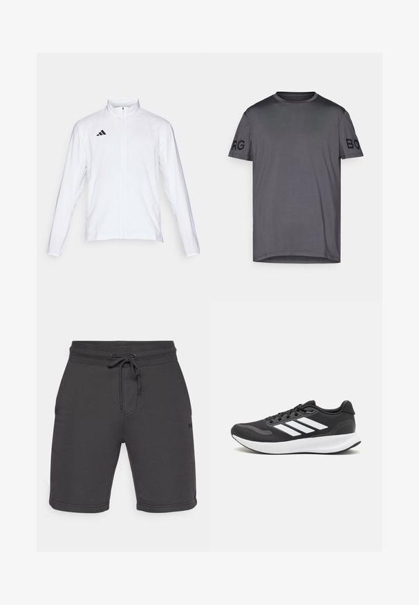 Casaco atlético branco com mangas longas, gola alta e fecho de correr completo. Apresenta o logo preto de três riscas no lado superior esquerdo.; Camiseta curta cinza escura com decote redondo, apresentando o texto em relevo "BORG" em preto contrastante na manga esquerda. Textura suave.; Calções cinza-escuros feitos de um tecido suave, com uma cintura elástica, fecho de cordão, bolsos laterais e uma marcação discreta na perna.; Shoe de atletismo preto com parte superior em malha respirável, detalhes brancos e sola almofadada. Apresenta o logotipo das três riscas na lateral.