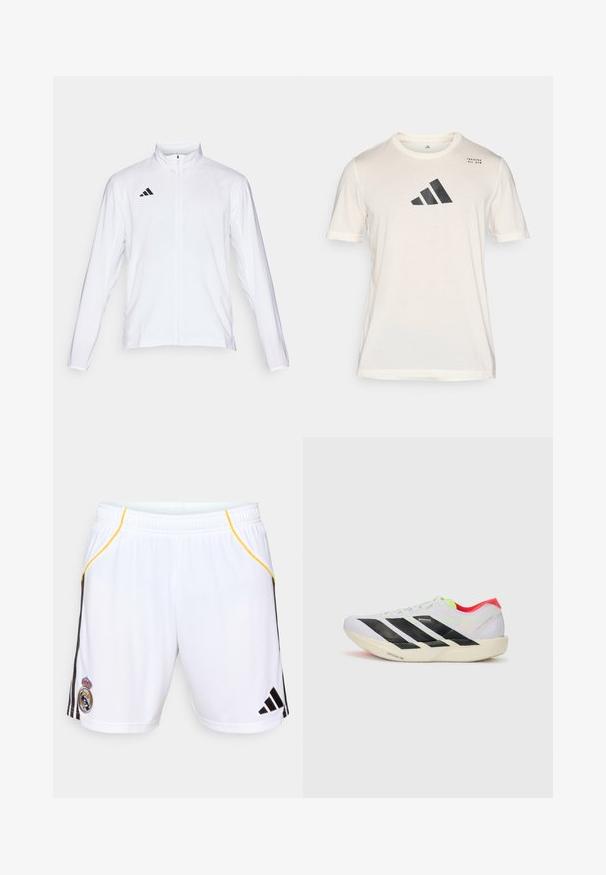 Biela atletická bunda s dlhými rukávmi, vysokým golierom a plným zipsom. Na hornej ľavej strane sa nachádza čierne logo s troma pruhmi.; adidas Performance Športové tričko - chalk white; Biele športové šortky s čiernymi bočnými pruhmi a žltými akcentmi, na ľavej nohe s vyšívaným emblémom a elastickým pásom.; Biele behacie topánky s čiernymi pruhmi, neonovo zelenými akcentmi a červeným podpätkom. Majú ľahkú konštrukciu a textúrovanú podrážku pre lepšiu trakciu.
