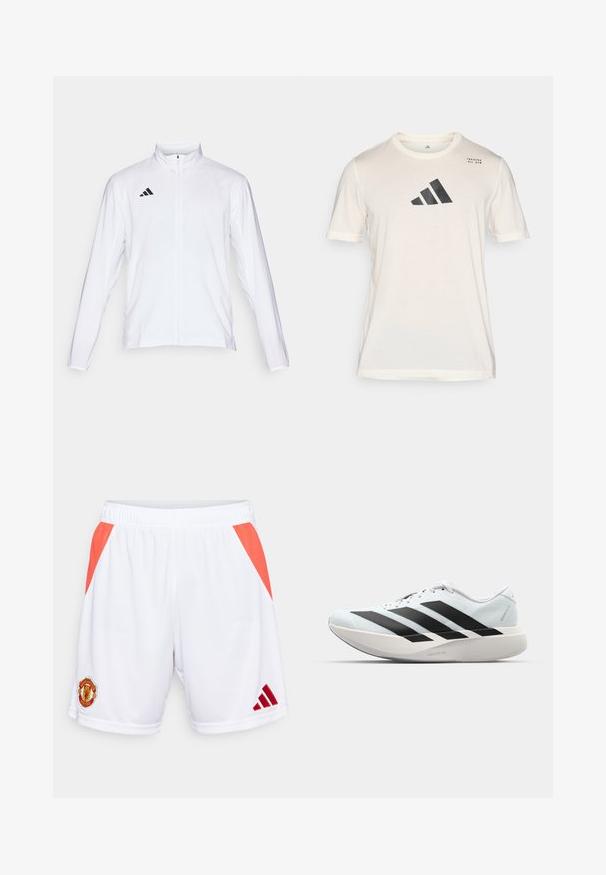 Casaco atlético branco com mangas longas, gola alta e fecho de correr completo. Apresenta o logo preto de três riscas no lado superior esquerdo.; adidas Performance T-shirt desportiva - chalk white; Calções de futebol brancos com detalhes em vermelho, cintura elástica e logo do Manchester United. Feitos de material sintético leve.; Tênis de corrida leves em azul pálido com riscas pretas. Apresentam um cabedal liso, bico redondo e uma entressola espessa branca rotulada como "LIGHTSTRIKE PRO."