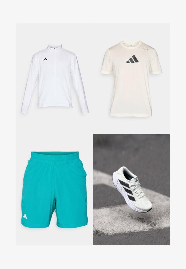 Valkoinen urheilutakki pitkillä hihoilla, korkea kaulus ja vetoketju koko pituudeltaan. Oikeassa yläreunassa musta kolmiraidallinen logo.; adidas Performance Tekninen t-paita - chalk white; Teal urheilushortsit, joissa on joustava vyötärö ja teksturoitu kuvio. Vasen alakulma sisältää valkoisen logon.; Valkoinen urheilujalkine, jossa on teksturoitu verkkomateriaali, mustat raidat, nauhakiinnitys ja pehmustettu pohja, leijuu merkittyjen tienpintojen yllä.