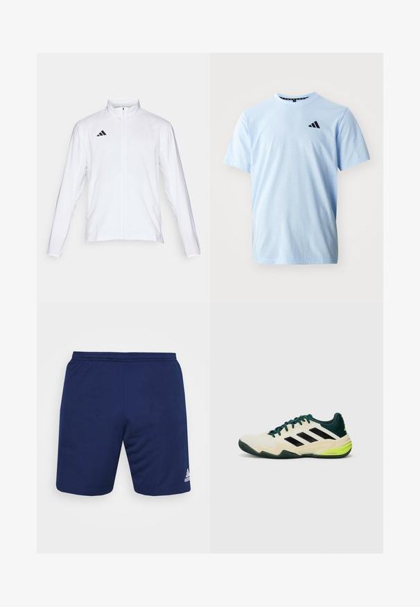 Valkoinen urheilutakki pitkillä hihoilla, korkea kaulus ja vetoketju koko pituudeltaan. Oikeassa yläreunassa musta kolmiraidallinen logo.; Vaaleansininen puuvillapaita, jossa on lyhyet hihat, pyöreä kaula-aukko ja mustaLOGO-yksityiskohta rinnassa. Sujuva rakenne ja rento istuvuus.; Navy urheilusortsit, jotka on valmistettu hengittävästä kankaasta. Mukana joustava vyötärö ja valkoinen Adidas-logo oikeassa alakulmassa.; Tennarit, joissa on kerma vaalea yläosa, mustat raidat, vihreät yksityiskohdat ja teksturoitu kumipohja pitävyyttä varten. Valmistettu synteettisistä materiaaleista.